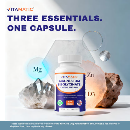 Vitamatic Magnesium (from Bisglycinate & Oxide) with Vitamin D3 & Zinc - 120 Veg Capsules