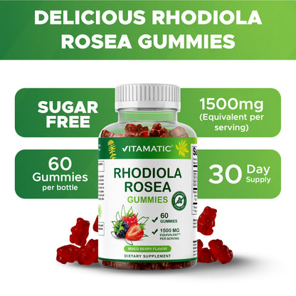 Sugar Free Rhodiola Rosea Gummies 1500 mg Equivalent Per Serving – 60 Gummies – Mixed Berry Flavor