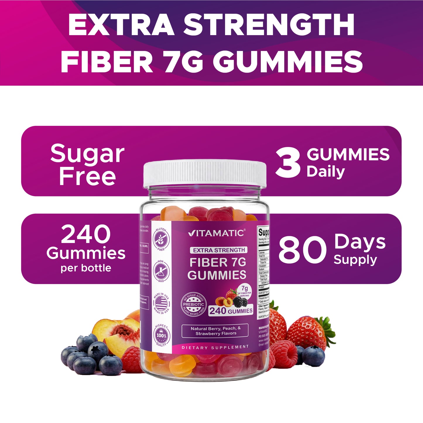 Prebiotic Fiber Gummies for Adults-  240 Pectin Based Gummies, Digestive Health & Regularity Support