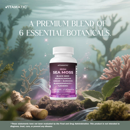 Sea Moss 3000mg with Black Seed Oil, Ashwagandha,  Turmeric, Bladderwrack, Burdock - 180 Veg Capsules
