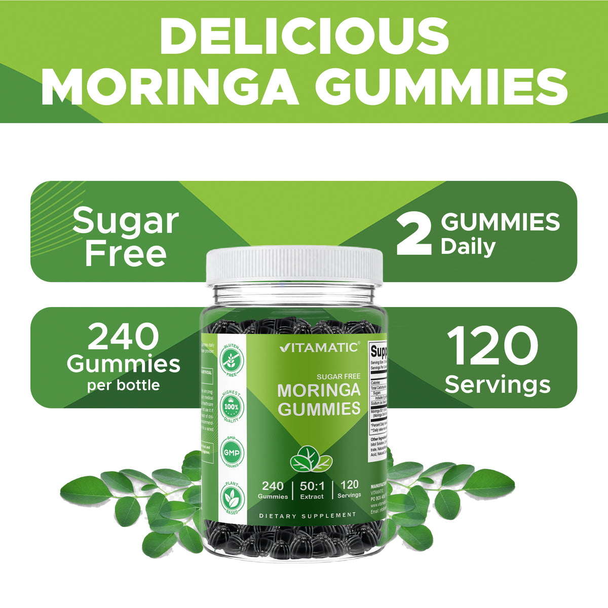 Vitamatic Moringa 50:1 Extract Sugar-Free Gummies, 60 Count