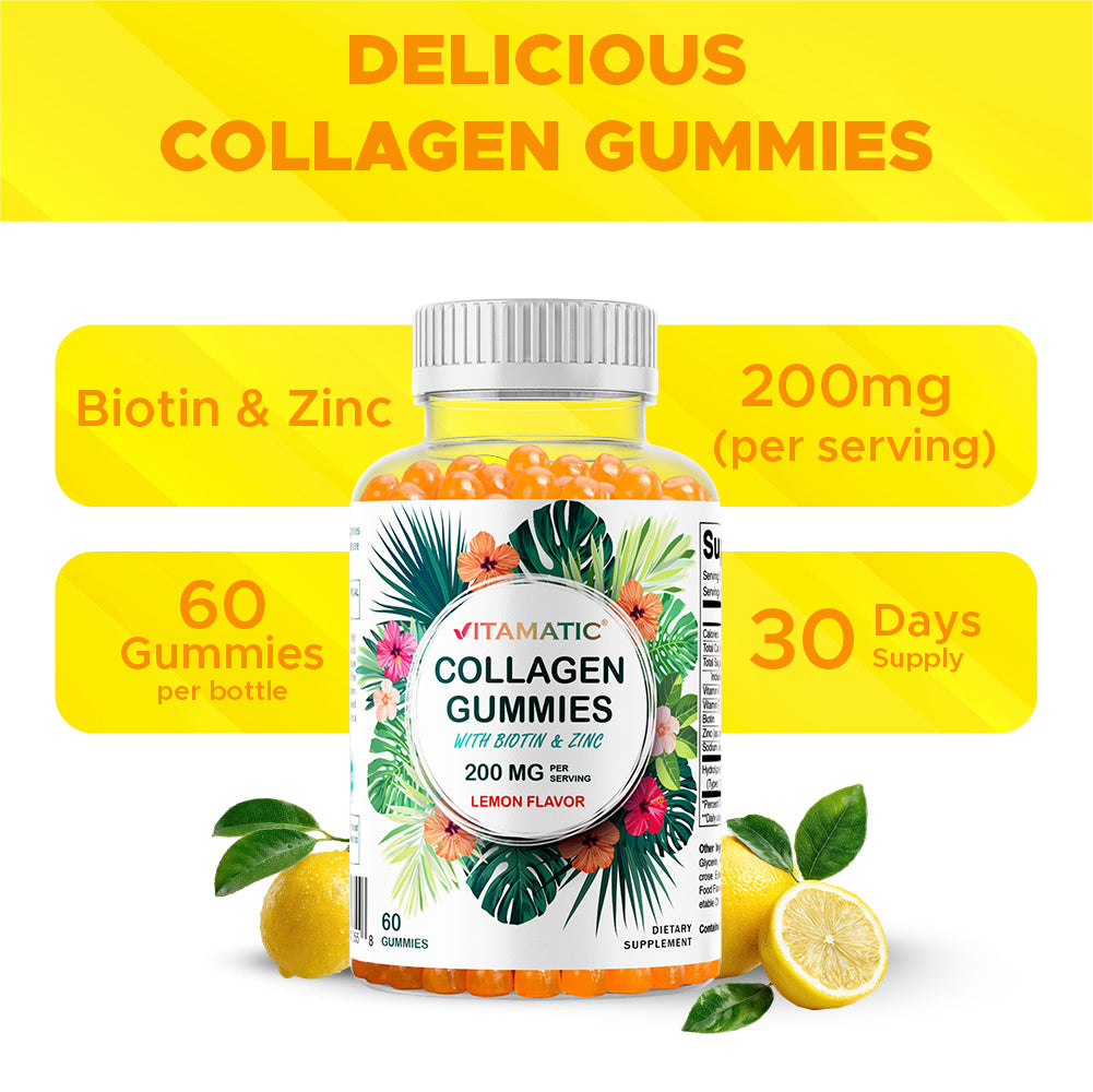 Hydrolyzed Collagen Gummies with Vitamin C, Zinc and Biotin, 200mg - 60 Gummies