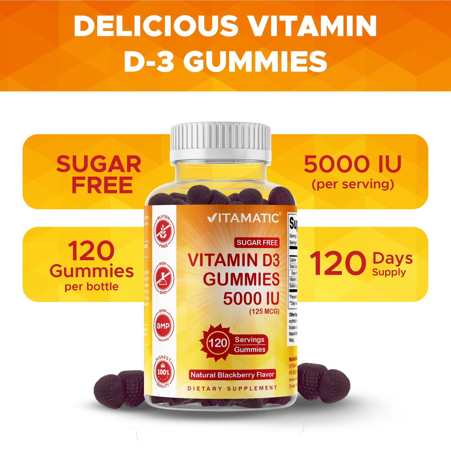 Sugar Free Vitamin D3 5000 IU - 120 Gummies