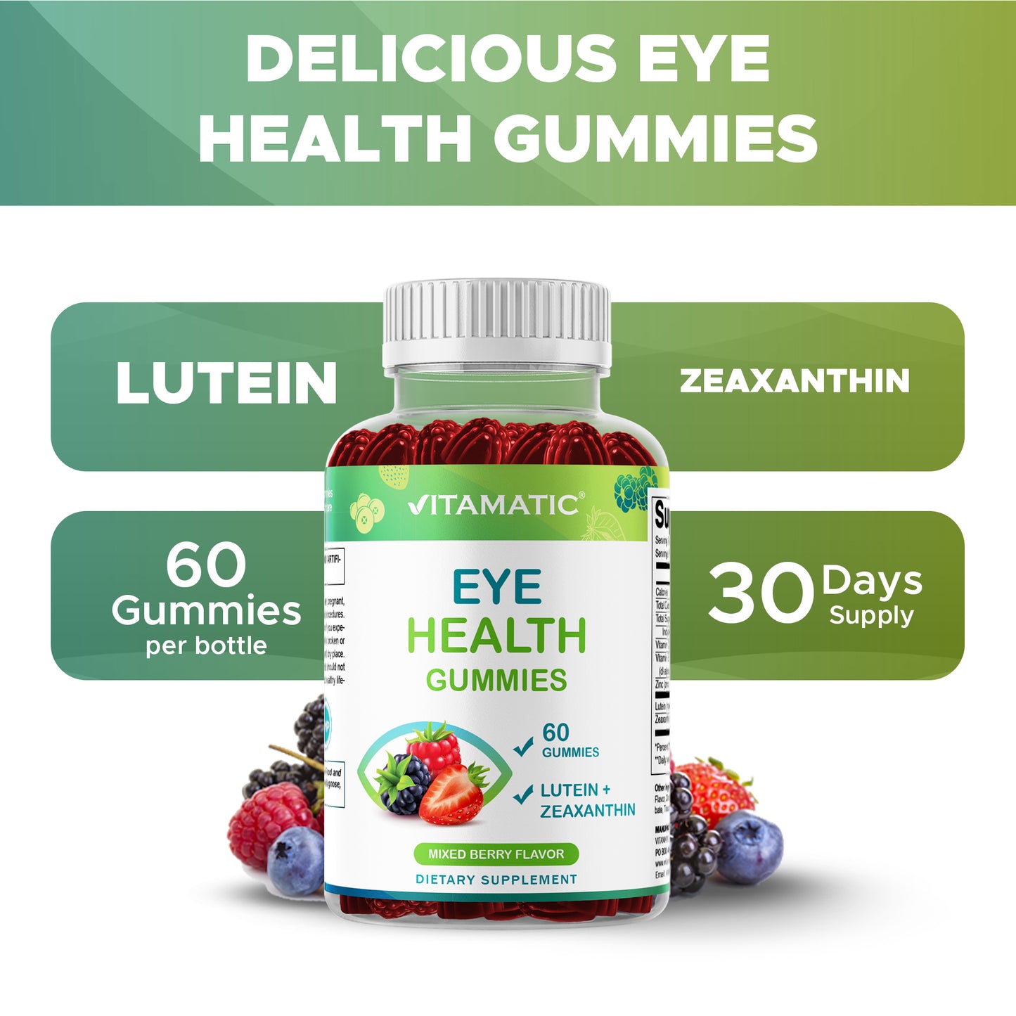Vitamatic Eye Health Gummies with Lutein, Zeaxanthin, Vitamin C, E & Zinc – Mixed Berry Flavor – 60 Gummies