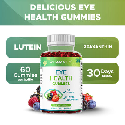 Vitamatic Eye Health Gummies with Lutein, Zeaxanthin, Vitamin C, E & Zinc – Mixed Berry Flavor – 60 Gummies