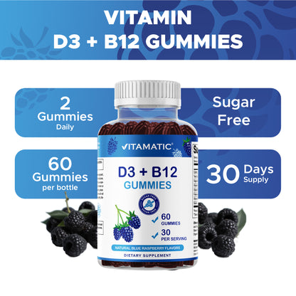 Vitamatic Vitamin D3 + B12 Gummies Made with Folate & Vitamin B6 - Natural Blue Raspberry Flavor – 60 Gummies
