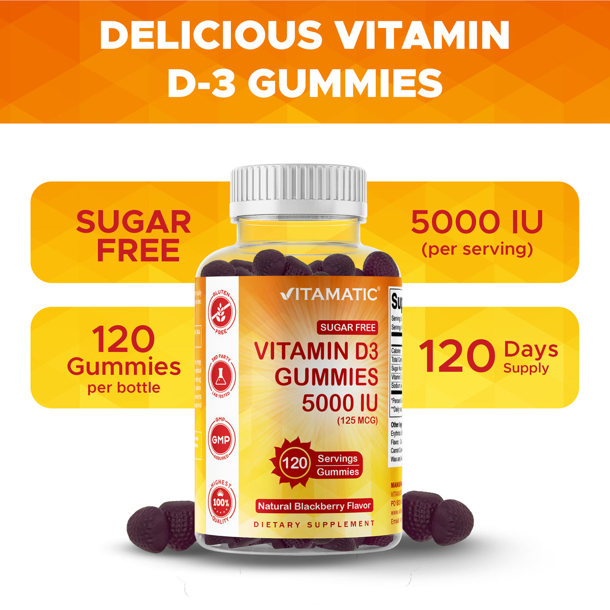 Sugar-Free Vitamin D3 5000 IU, 120 Gummies
