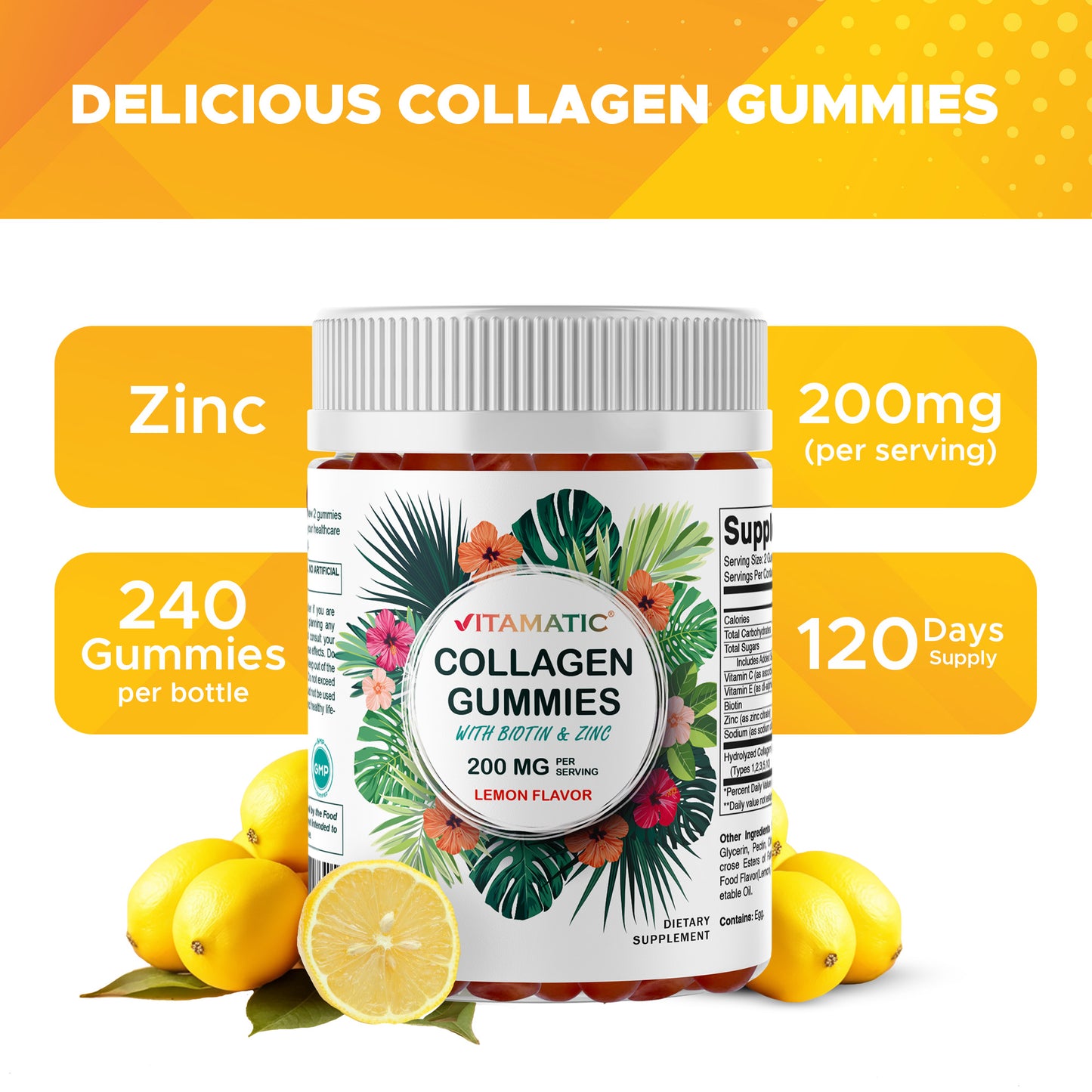Hydrolyzed Collagen Gummies with Vitamin C, Zinc and Biotin, 200 mg per serving - 240 Gummies
