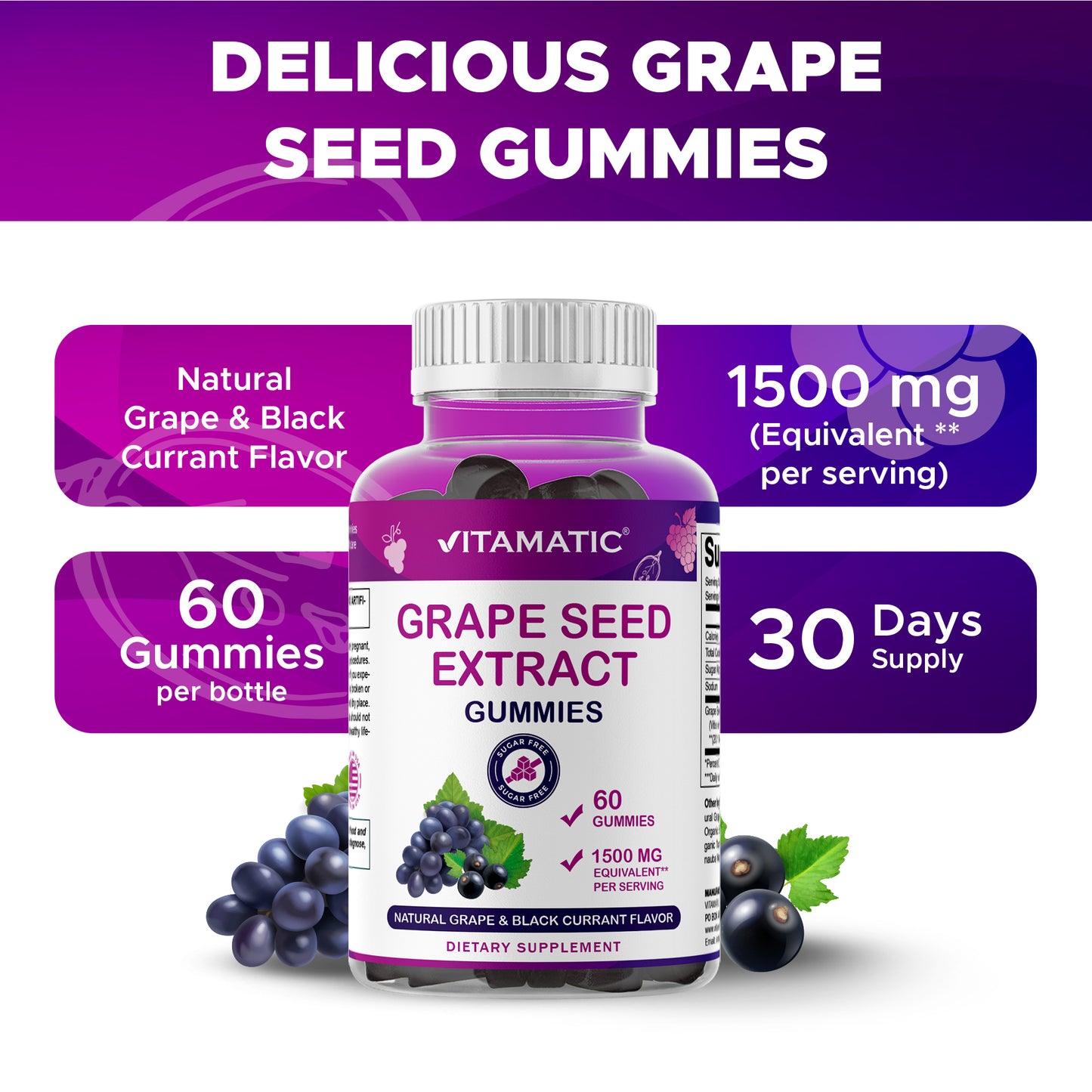 Grape Seed Extract Gummies – 1500 mg Equivalent per Serving - 60 Gummies – Natural Grape & Black Currant Flavor