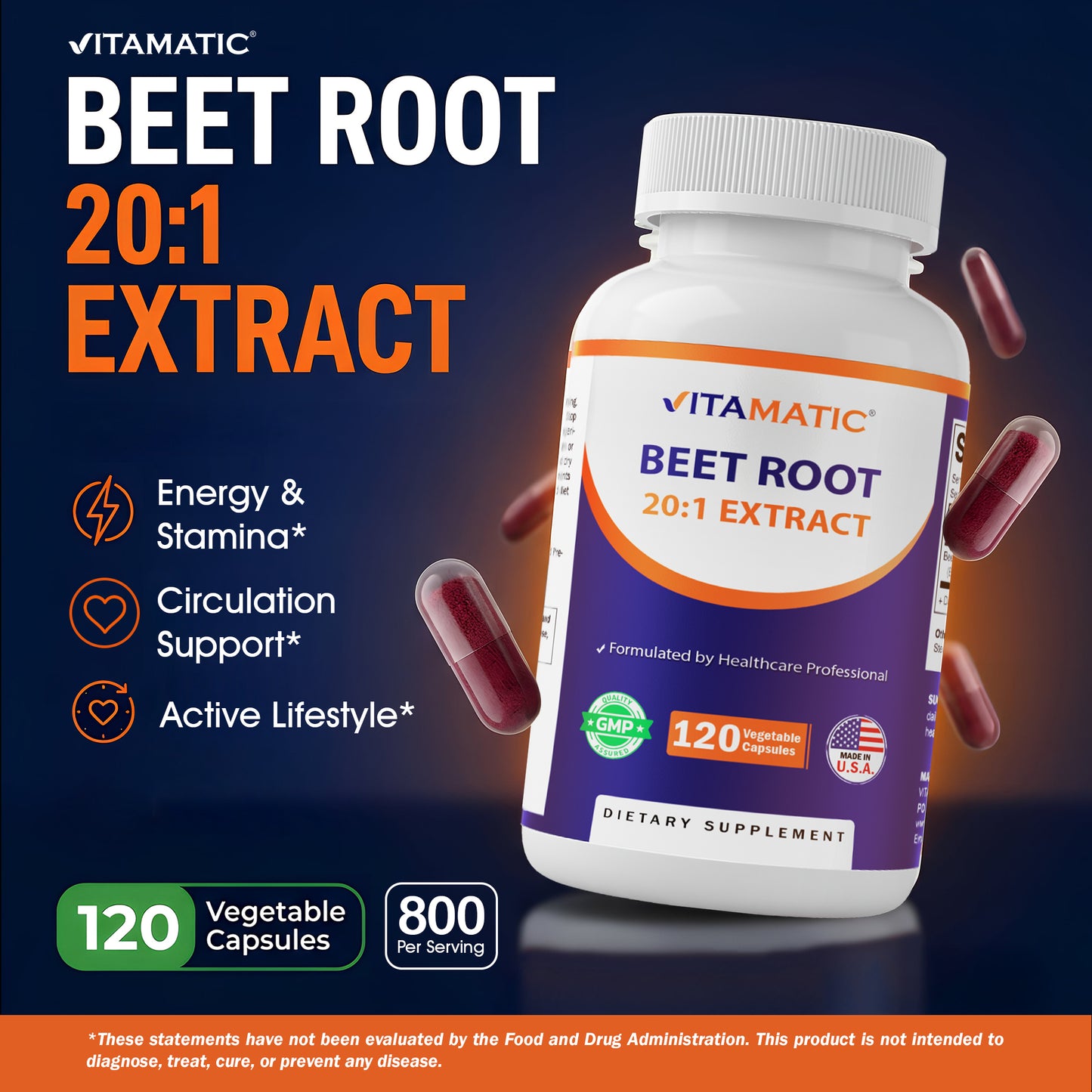 Beet Root 20:1 Extract Capsules 800 mg Per Serving (Beta vulgaris)- 120 Capsules