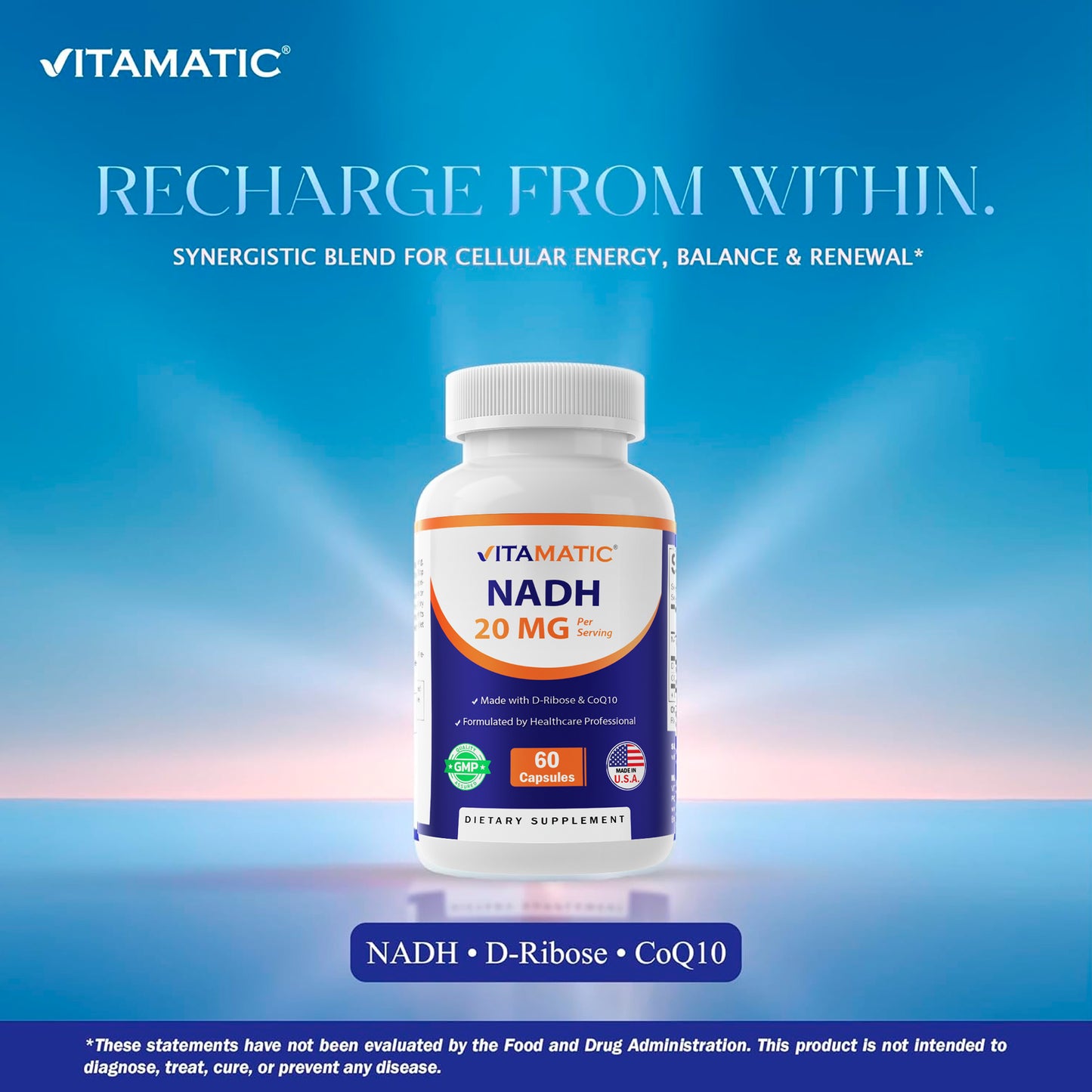 Vitamatic NADH 20mg with D-Ribose & CoQ10 – 60 Capsules, B-Nicotinamide Adenine Dinucleotide
