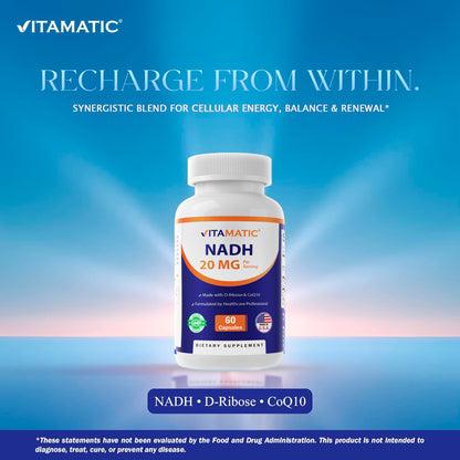 Vitamatic NADH 20mg with D-Ribose & CoQ10 – 60 Capsules, B-Nicotinamide Adenine Dinucleotide