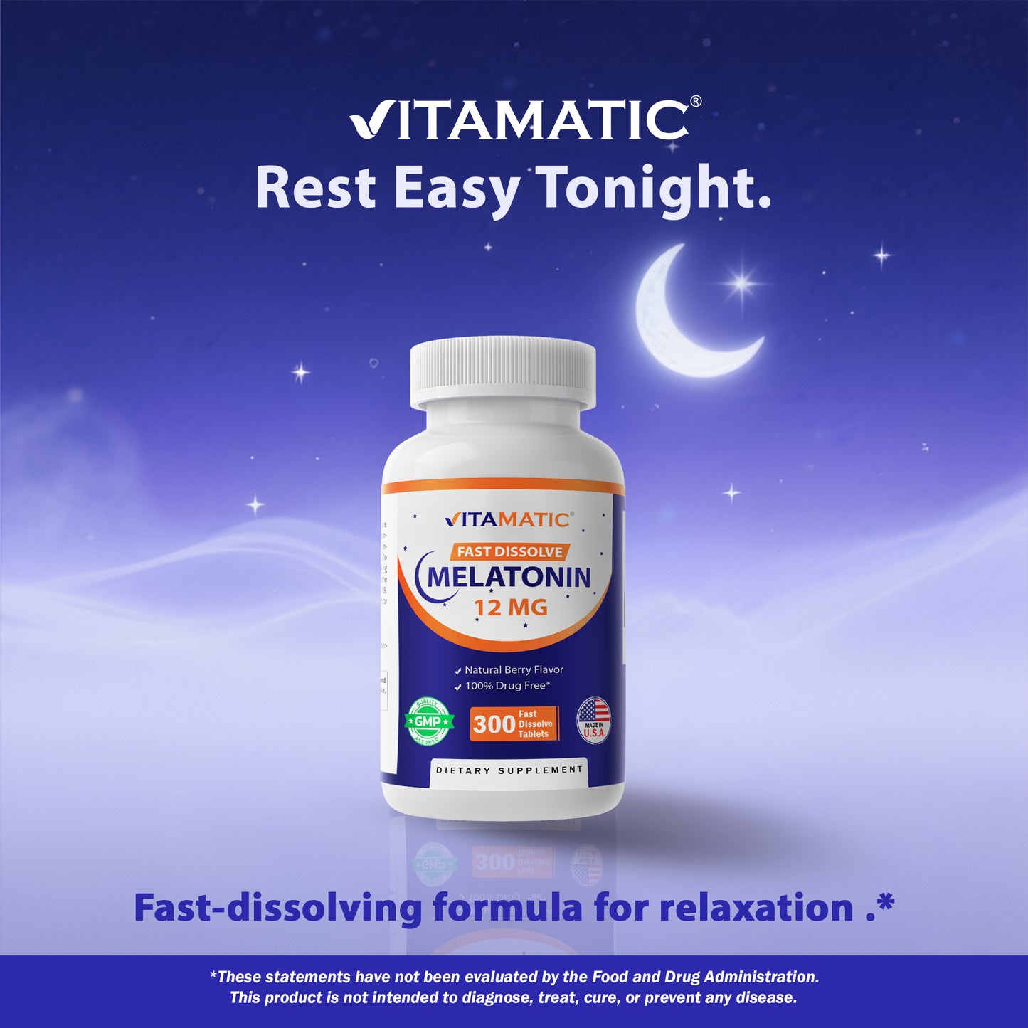 Vitamatic Melatonin 12 mg – Natural Berry Flavor – 300 Fast Dissolve Tablets