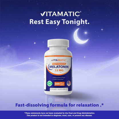 Vitamatic Melatonin 12 mg – Natural Berry Flavor – 300 Fast Dissolve Tablets