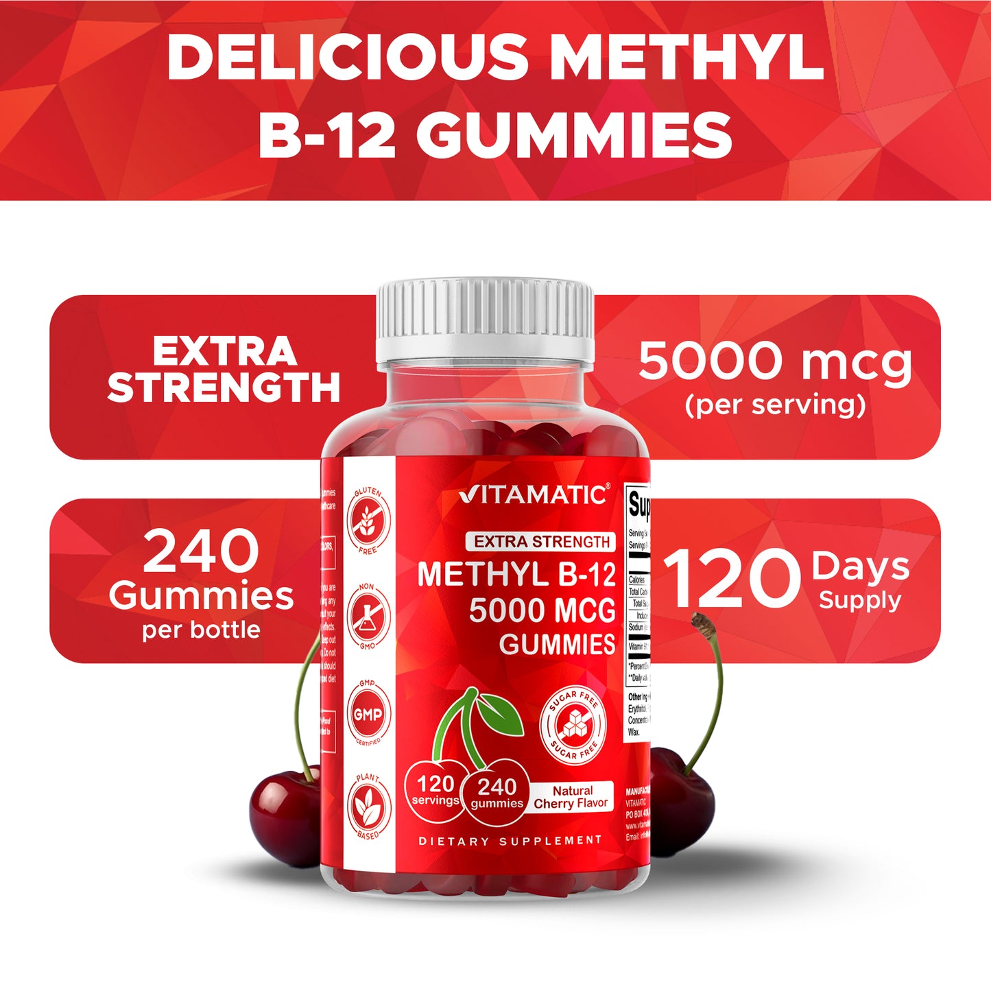 Extra Strength Vitamin B12 5000 mcg (Methyl B12) Gummies - 240 Count