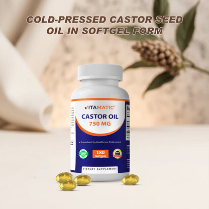 Vitamatic Castor Oil Softgels 750 mg | Cold Pressed | 180 Softgels | Easy-to-Swallow