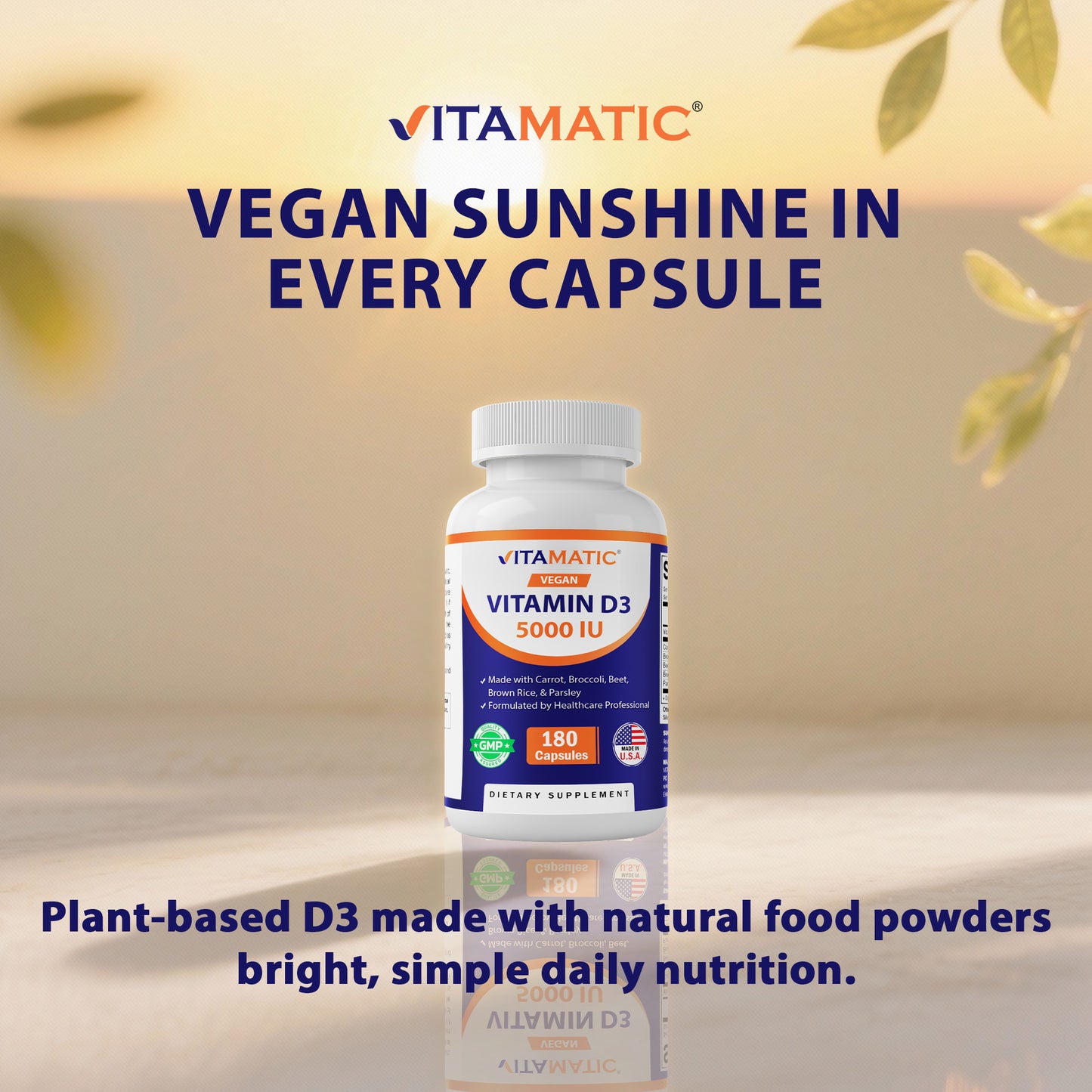 Vitamatic Vegan Vitamin D3 5000 IU | Plant Based Vitamin D from Lichen | Made with Carrot, Beet, Broccoli, Brown Rice & Parsley | 180 Capsules | Non-GMO, Gluten-Free | Made in USA