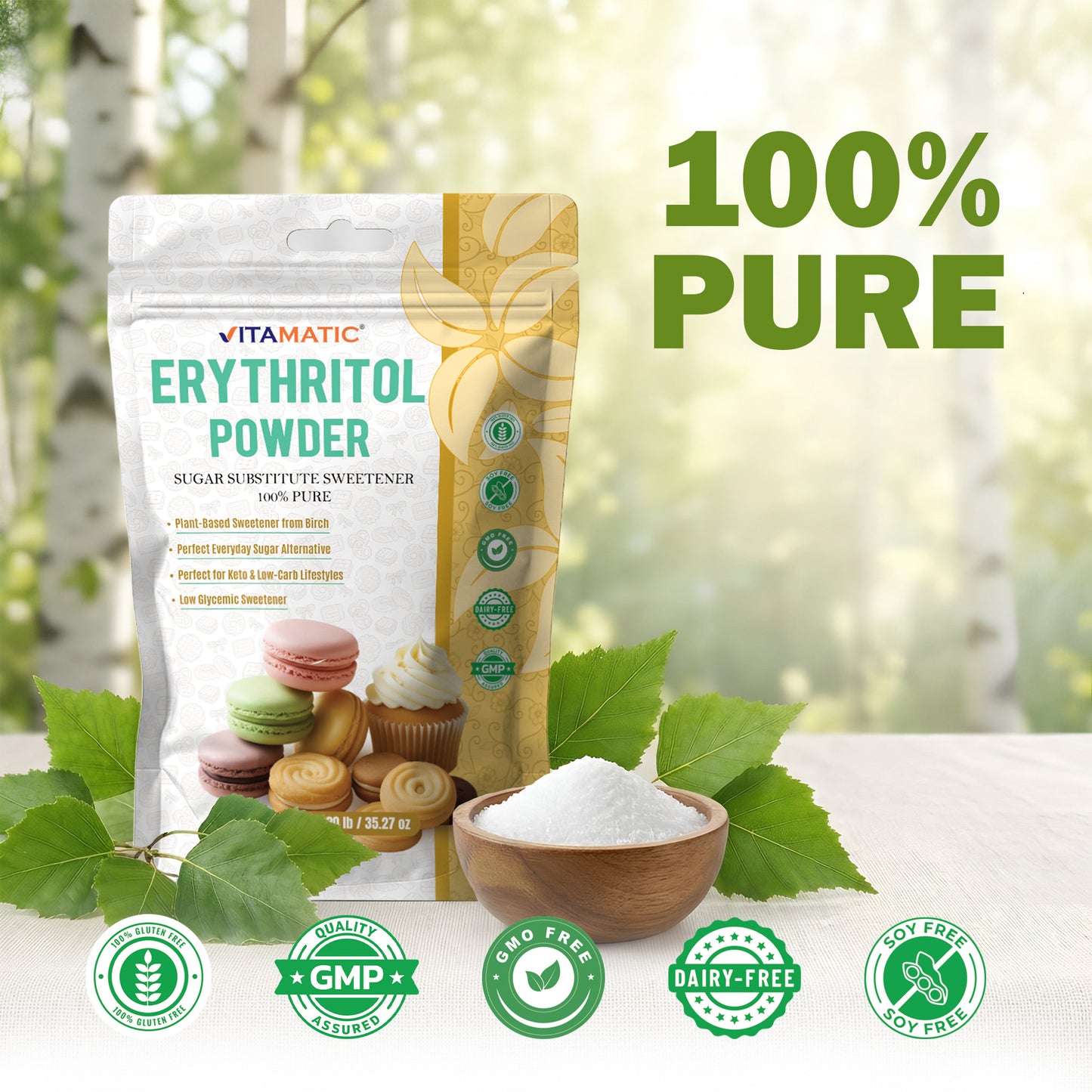 Erythritol Powder 1 kg (2.2 lb) - 100% Pure Sugar Substitute Sweetener – Non-GMO, Gluten Free