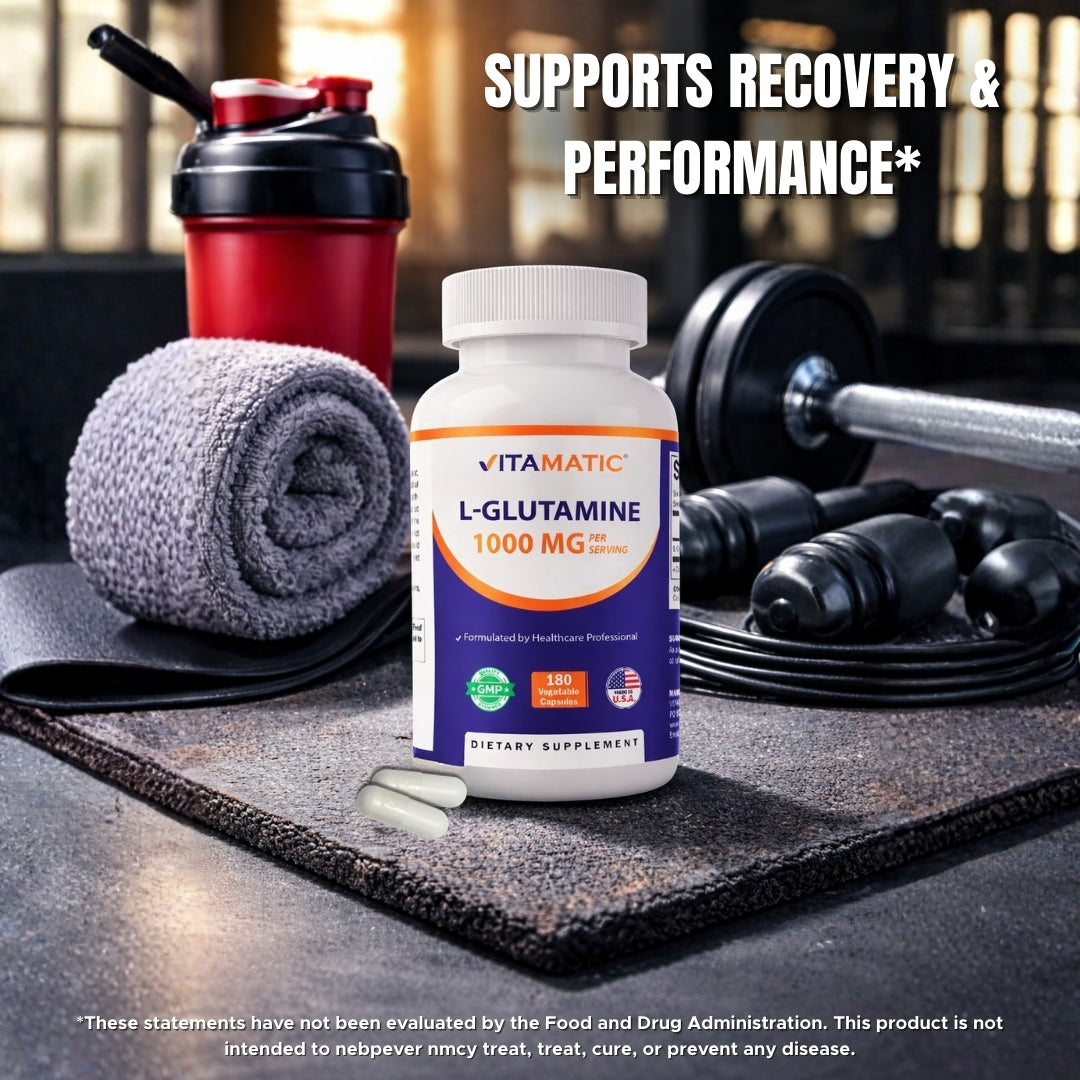 Vitamatic L-Glutamine 1000 mg Per Serving, 180 Vegetarian Capsules, Non-GMO, Gluten Free, Amino Acid Supplement, Made in the USA