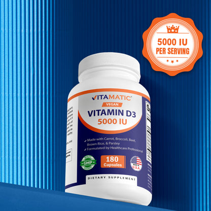 Vitamatic Vegan Vitamin D3 5000 IU | Plant Based Vitamin D from Lichen | Made with Carrot, Beet, Broccoli, Brown Rice & Parsley | 180 Capsules | Non-GMO, Gluten-Free | Made in USA