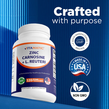 Zinc Carnosine with L. Reuteri 10 Billion CFU & Prebiotic Inulin 264 mg Digestive & Gut Health Support* - 120 Delayed-Release Capsules