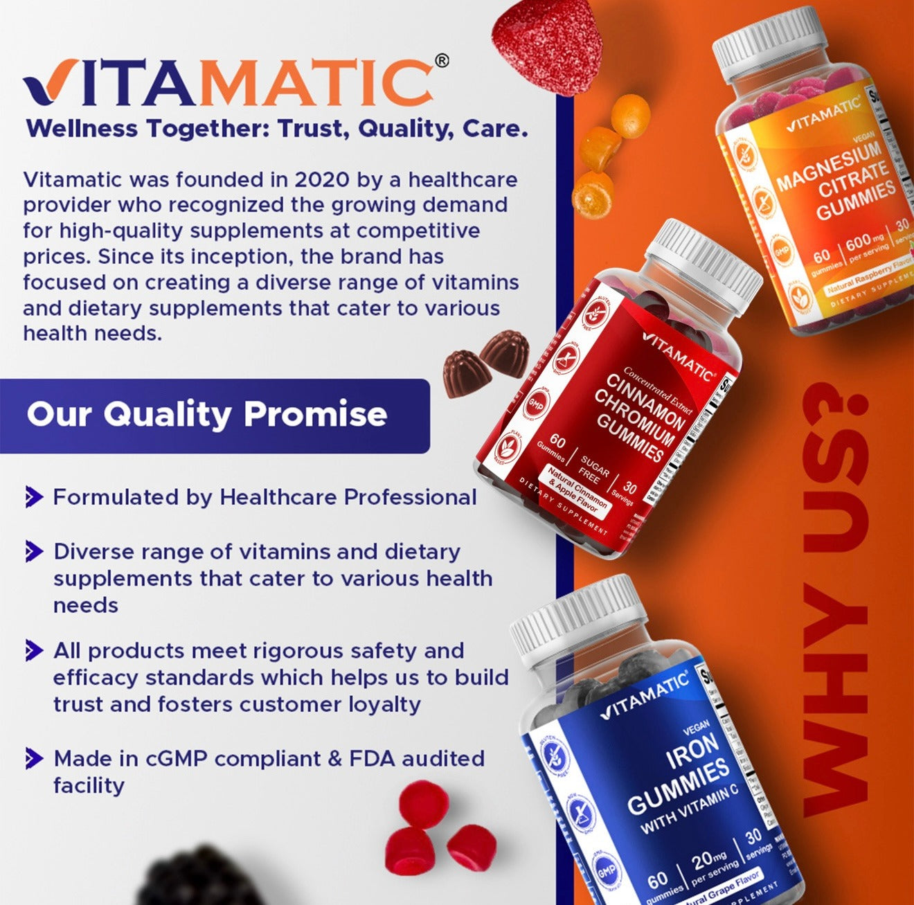 Vitamatic wellness brand quality promise featuring premium gummy supplements manufactured in GMP-compliant facilities.