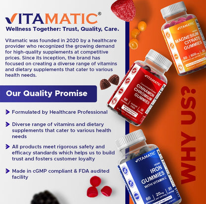 Vitamatic wellness brand quality promise featuring premium gummy supplements manufactured in GMP-compliant facilities.