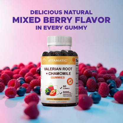 Vitamatic Valerian Root Chamomile 6000 mg Equivalent Per Serving – Mixed Berry Flavor – 60 Gummies