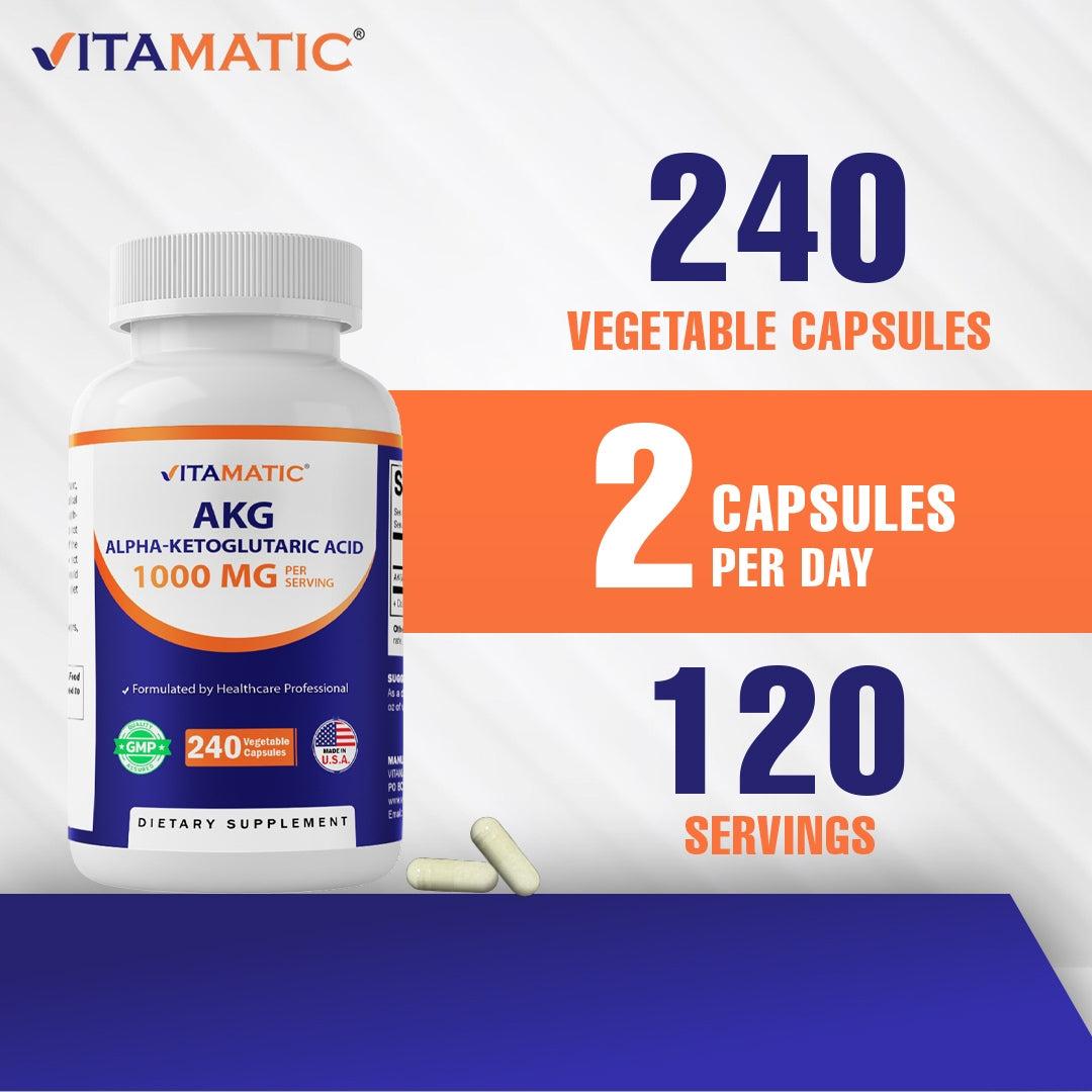 Alpha-Ketoglutaric Acid (AKG) 1000 mg Per Serving – 240 Veg Capsules