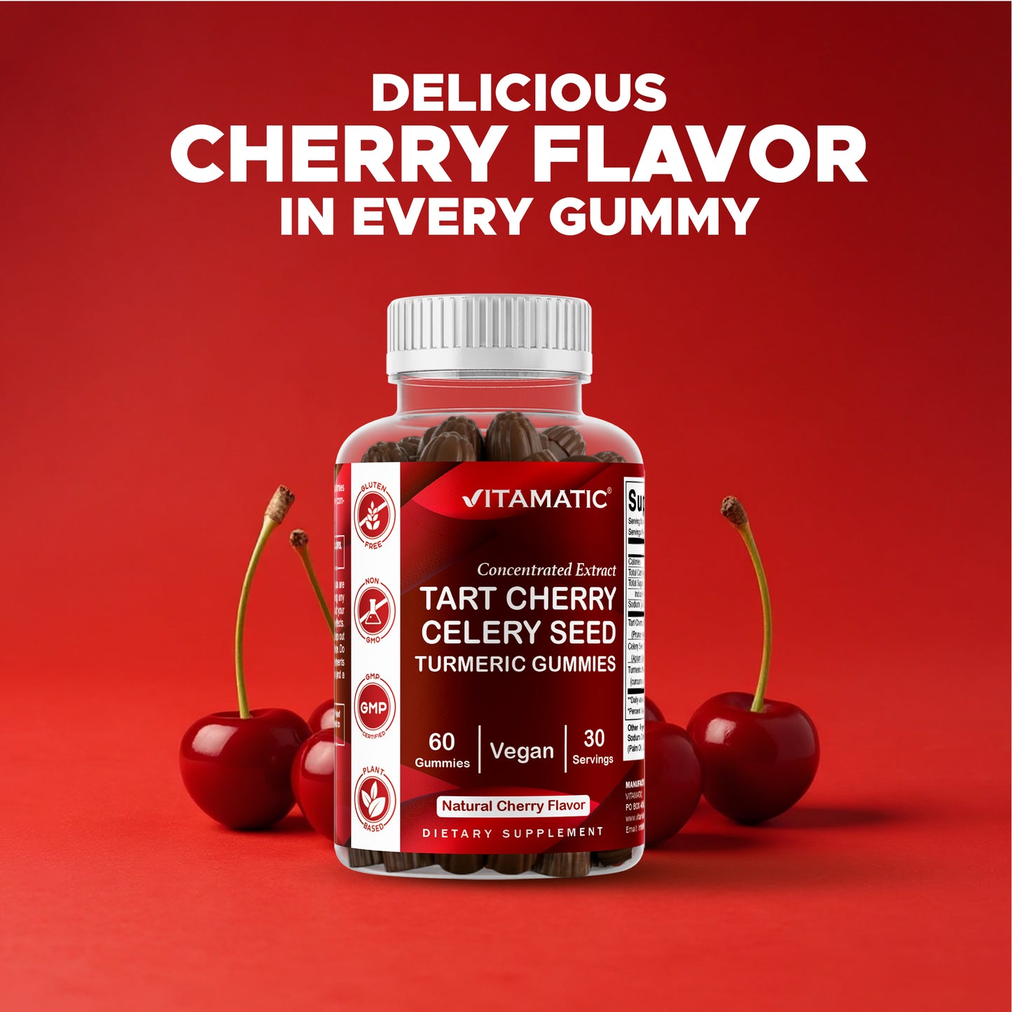 Vitamatic Tart Cherry (360 mg) with Celery Seed (30 mg) 10:1 Extract & Turmeric 20:1 Extract (10 mg) - (Per Serving/2 Gummies) - 60 Gummies