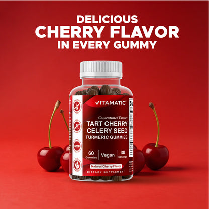 Vitamatic Tart Cherry (360 mg) with Celery Seed (30 mg) 10:1 Extract & Turmeric 20:1 Extract (10 mg) - (Per Serving/2 Gummies) - 60 Gummies