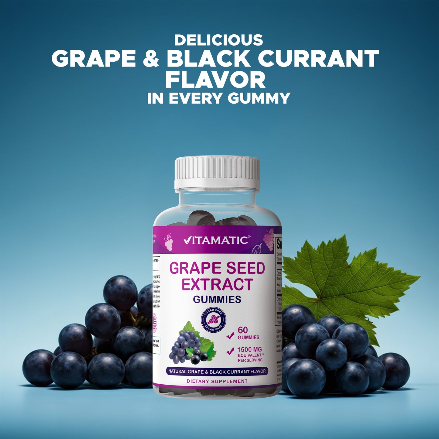 Grape Seed Extract Gummies – 1500 mg Equivalent per Serving - 60 Gummies – Natural Grape & Black Currant Flavor