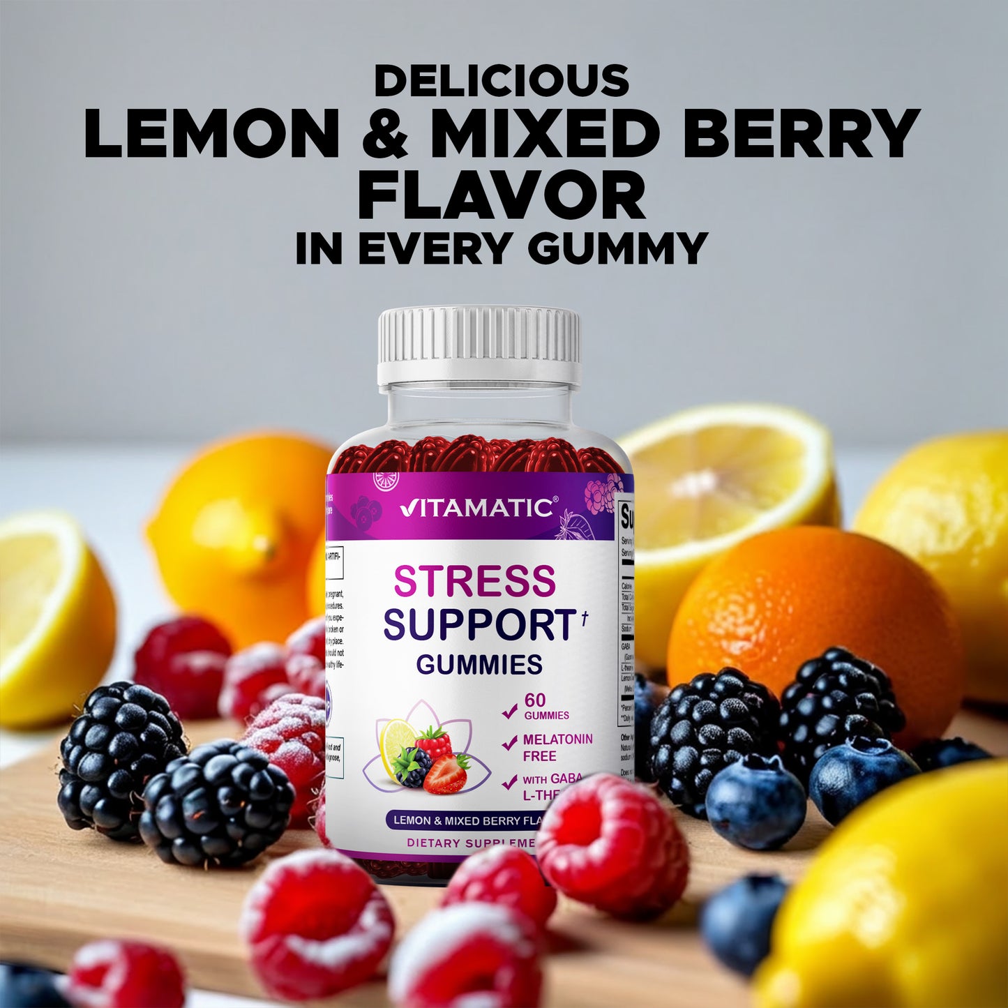 Vitamatic Stress Relief Gummies with GABA, L-Theanine, Lemon Balm – Lemon & Mixed Berry Flavor – 60 Gummies