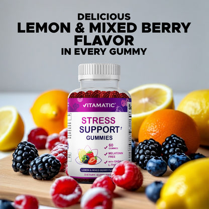 Vitamatic Stress Relief Gummies with GABA, L-Theanine, Lemon Balm – Lemon & Mixed Berry Flavor – 60 Gummies