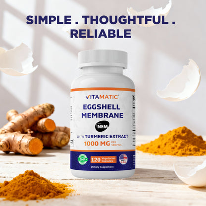Eggshell Membrane (NEM) with Turmeric Extract | 1000 mg Per Serving | 120 Vegetarian Capsules | Non-GMO | Made in USA