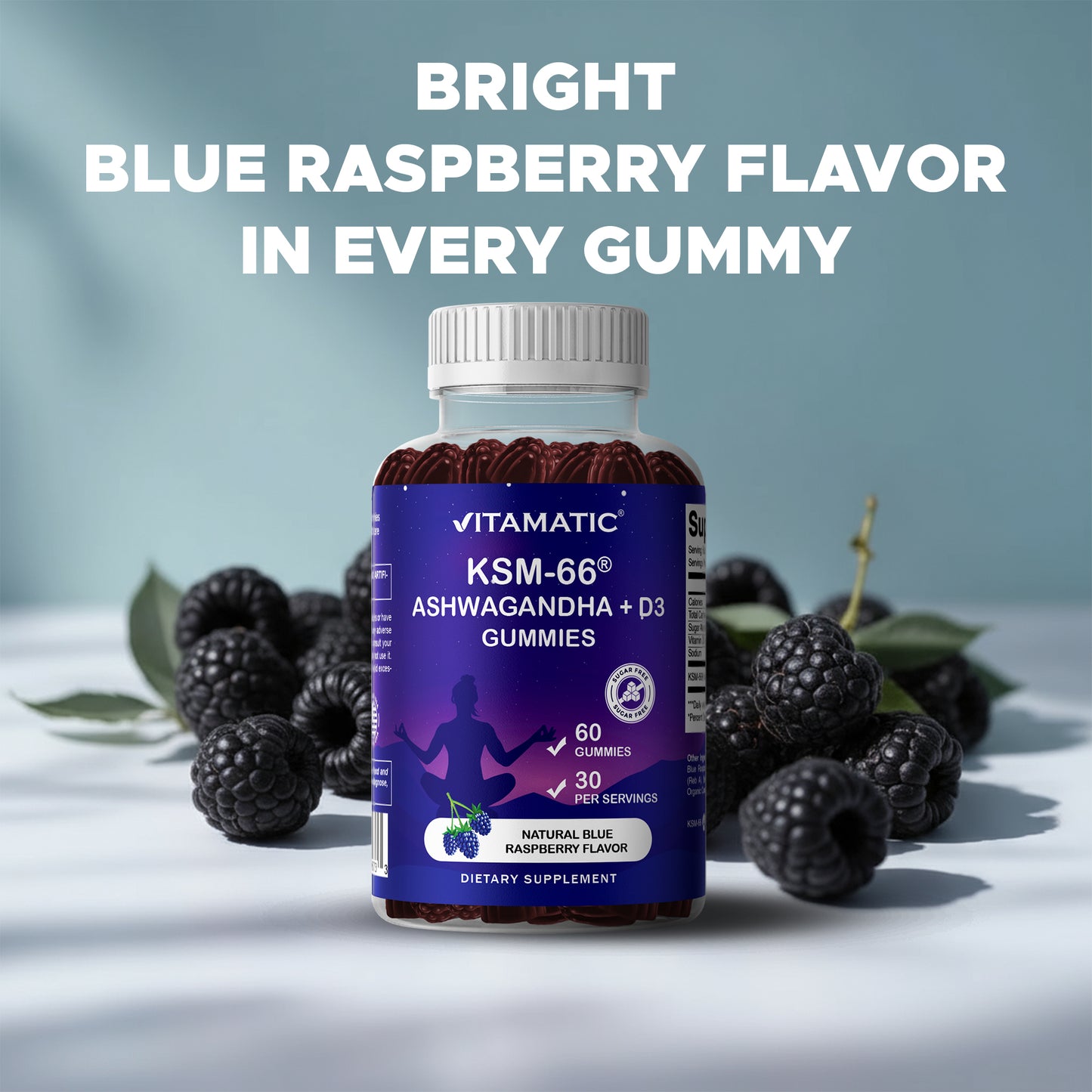 Vitamatic KSM-66® Ashwagandha + D3 Gummies – Natural Blue Raspberry Flavor – 60 Gummies