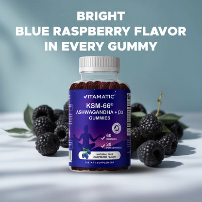 Vitamatic KSM-66® Ashwagandha + D3 Gummies – Natural Blue Raspberry Flavor – 60 Gummies