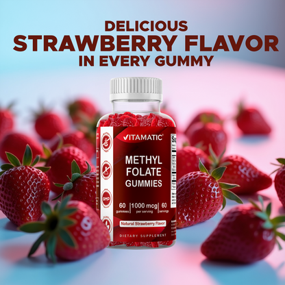 Methylfolate Gummies 1000 mcg – Active 5-MTHF Form – Natural Strawberry Flavor – 60 Gummies