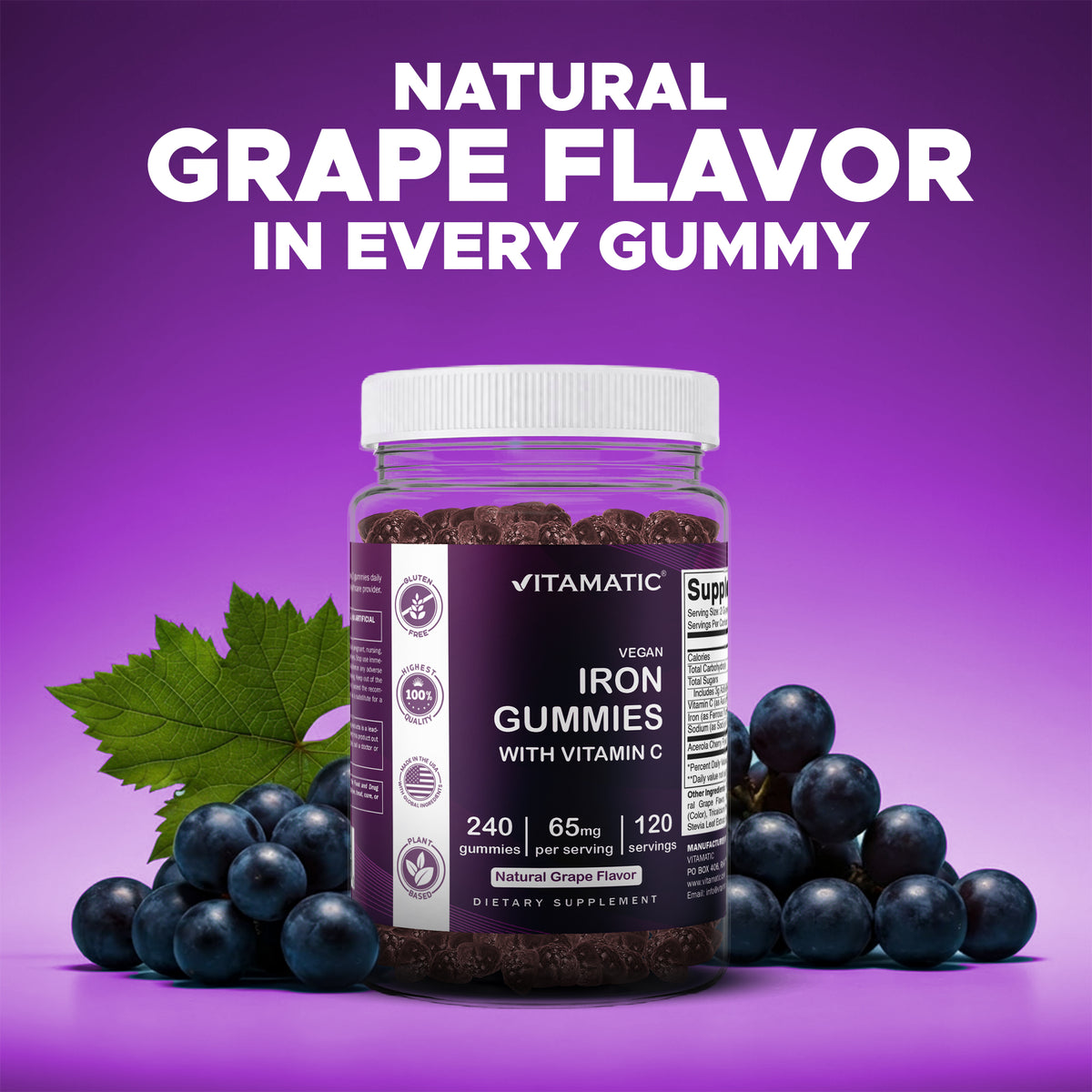Vitamatic Iron 65mg Per Serving Gummies for Women & Men, 240 Count