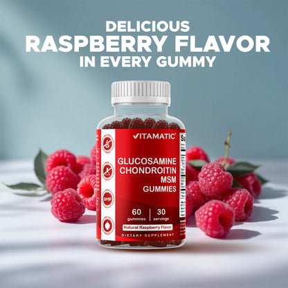 Vitamatic Glucosamine Chondroitin MSM Gummies bottle with fresh raspberries highlighting natural raspberry flavor dietary supplement.