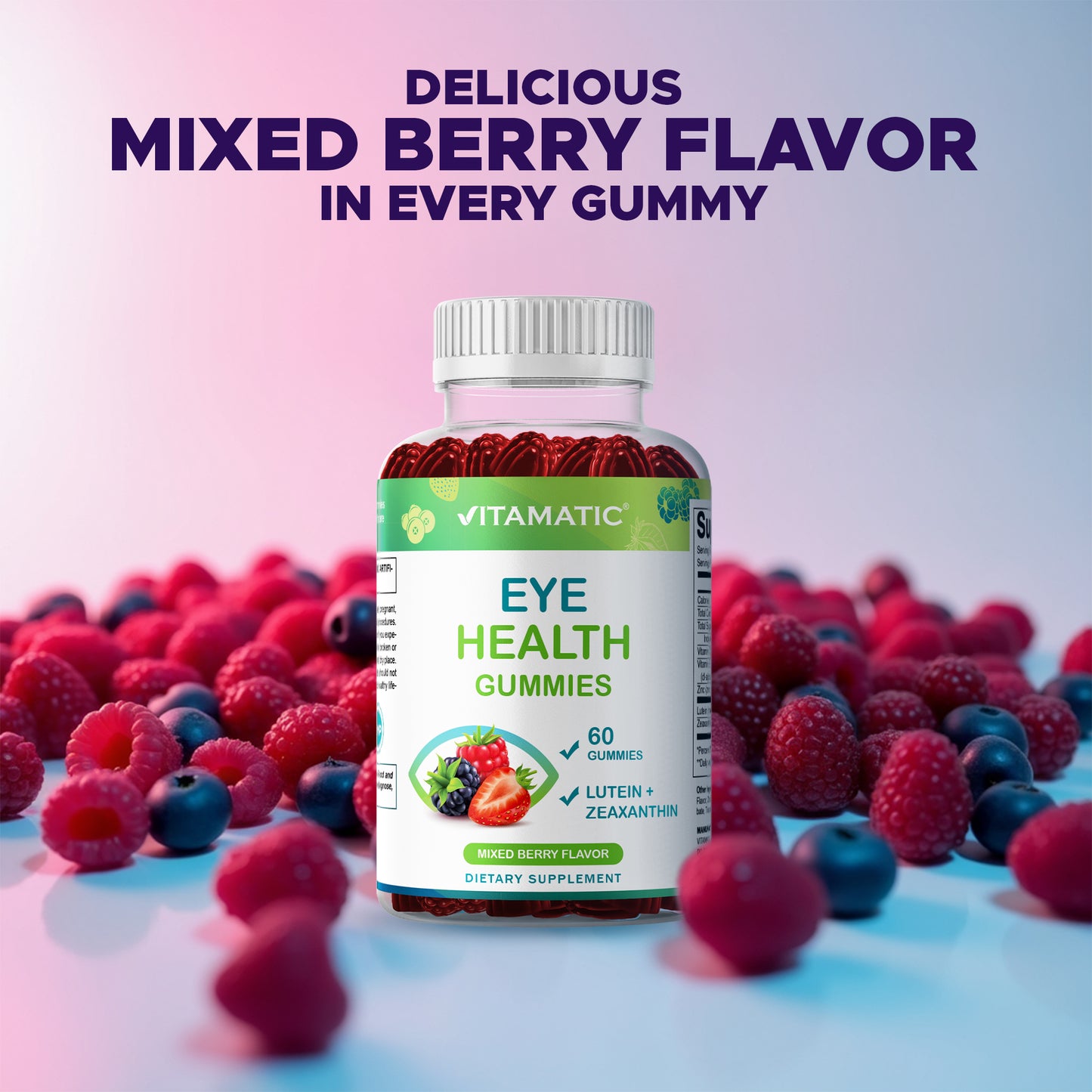 Vitamatic Eye Health Gummies with Lutein, Zeaxanthin, Vitamin C, E & Zinc – Mixed Berry Flavor – 60 Gummies