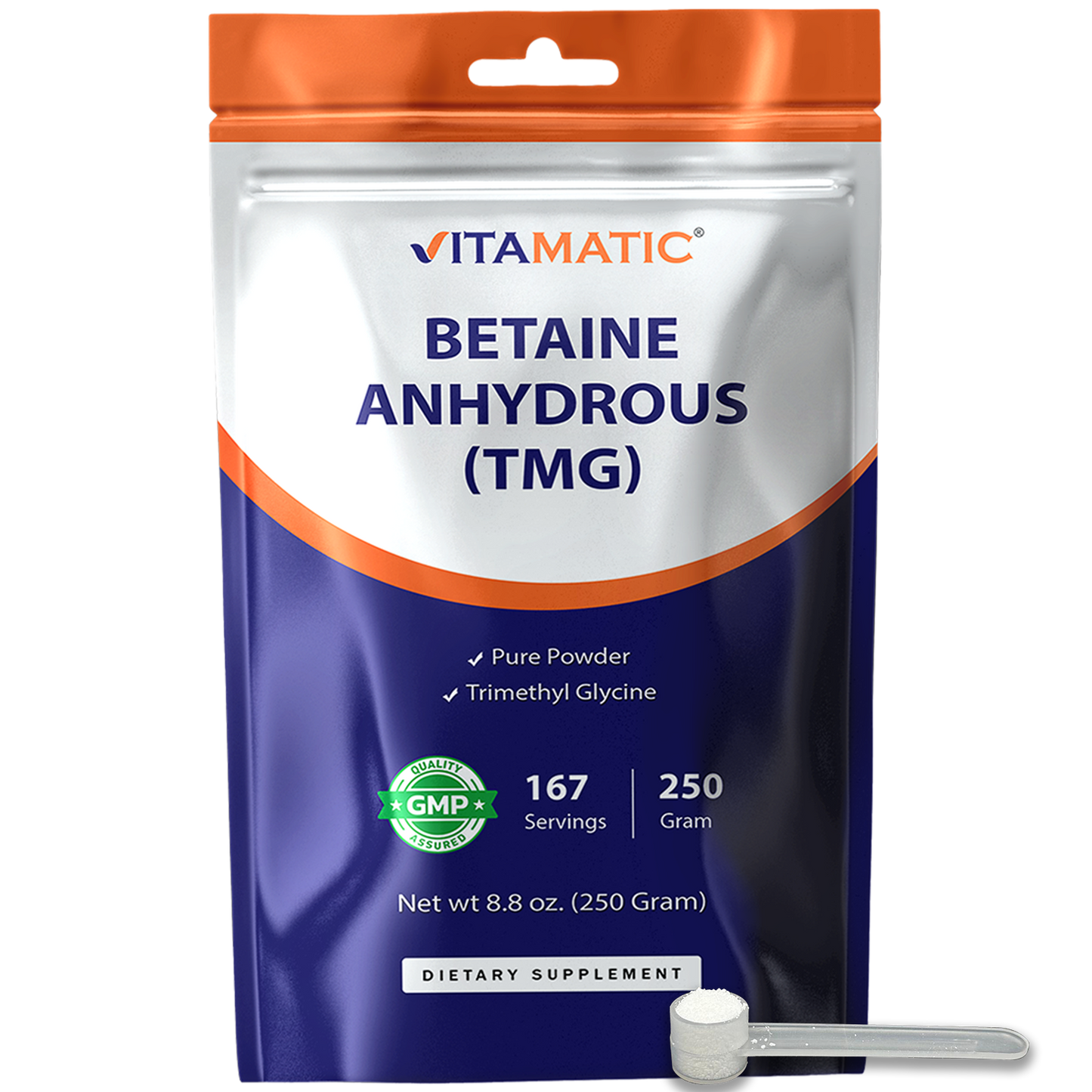Betaine Anhydrous (TMG) Powder – 250 g (8.8 oz) – Pure Trimethylglycine