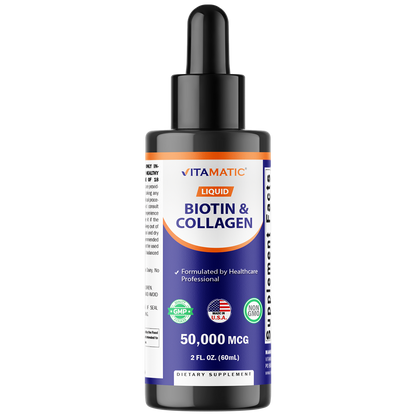 Vitamatic Liquid Biotin & Collagen for Hair Growth - Women & Men – Supports Glowing Skin, Healthy Hair & Nail Growth (2Fl Oz)