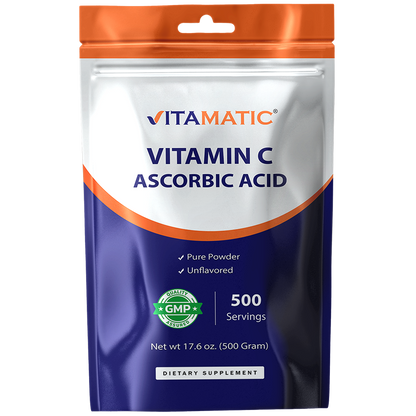 Vitamin C Powder (Ascorbic Acid) – 1000 mg per Serving – 500 Servings - 17.6 Oz (500g) – Pure Unflavored Vitamin C Supplement – Non-GMO, Gluten Free, No Additives