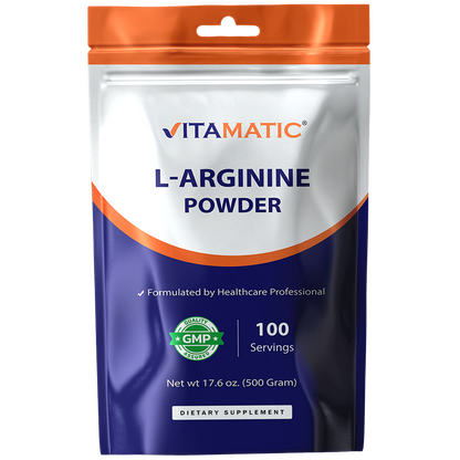 Vitamatic L-Arginine Pure Powder 500 Gram | Unflavored | Non GMO | Gluten Free | No Additives | 5000mg Per Serving | 100 Servings