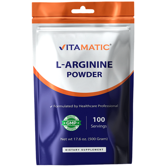 Vitamatic L-Arginine Pure Powder 500 Gram | Unflavored | Non GMO | Gluten Free | No Additives | 5000mg Per Serving | 100 Servings