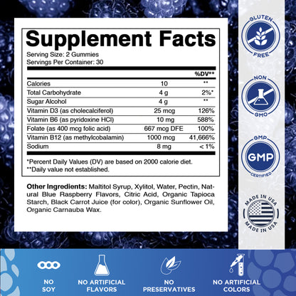 Vitamin D3 + B12 Gummies – Natural Blue Raspberry Flavor – 60 Gummies
