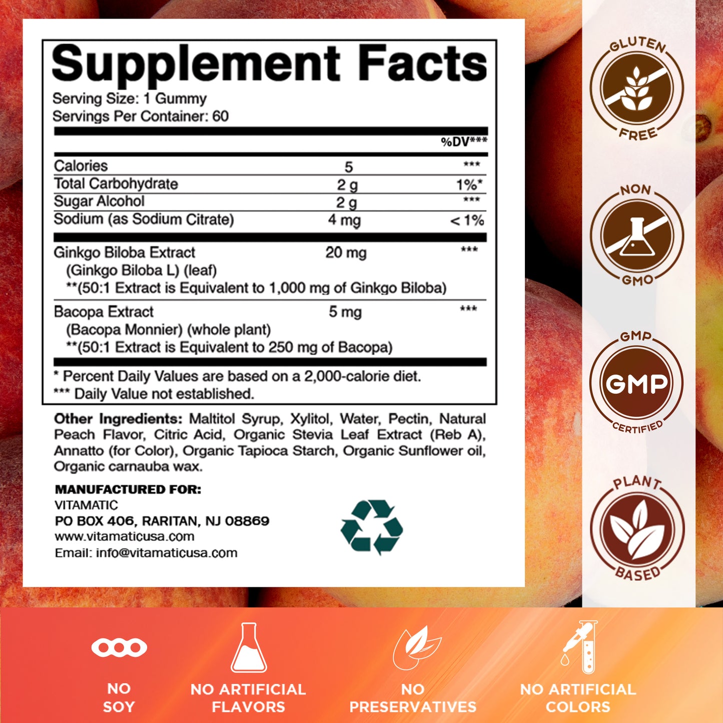 Ginkgo Biloba + Bacopa Gummies – 1250 mg Equivalent | Natural Peach Flavor | 60 Vegan Gummies