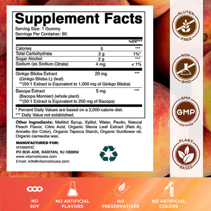 Ginkgo Biloba + Bacopa Gummies – 1250 mg Equivalent | Natural Peach Flavor | 60 Vegan Gummies