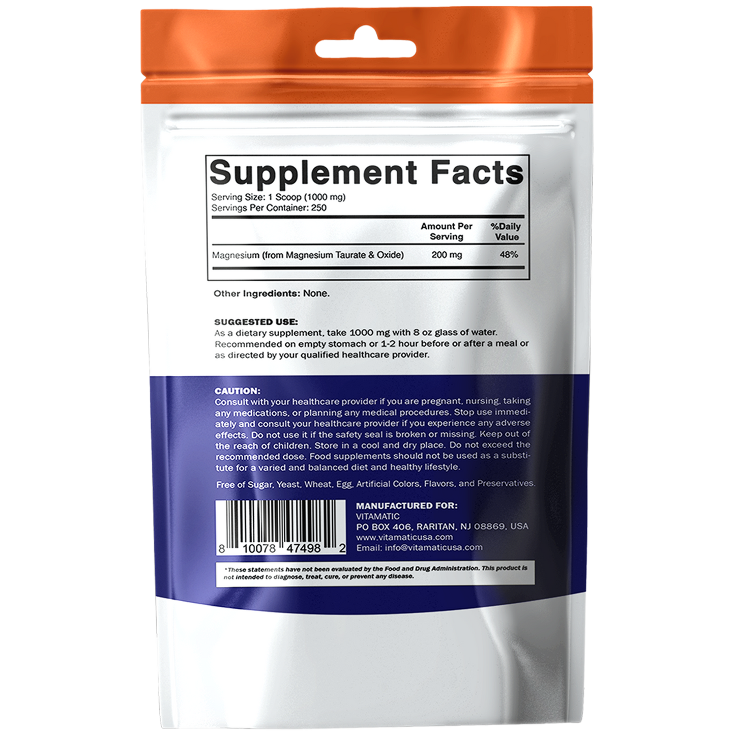 Magnesium Taurate 250gram Powder - 250 Servings